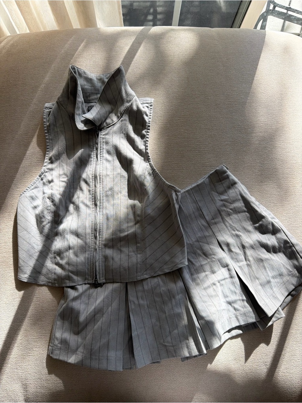 Sleeveless Collard Gray Pinstripe Skort Set - Picture 6 of 6